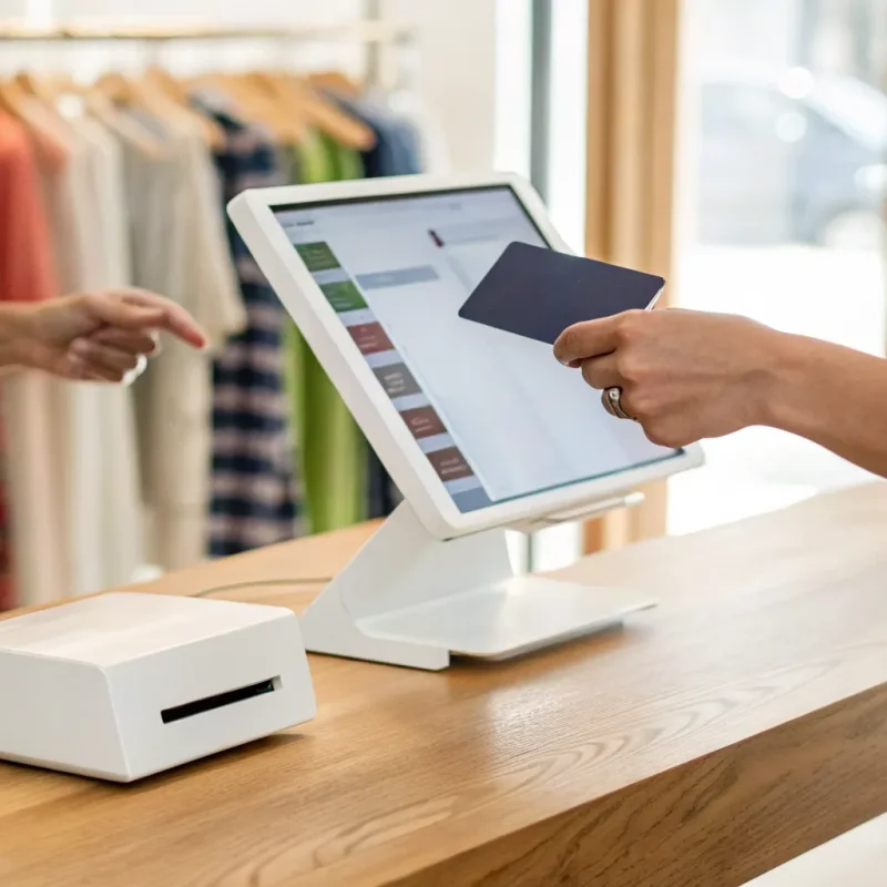 A small business using a merchant account to accept a customer's credit card payment.