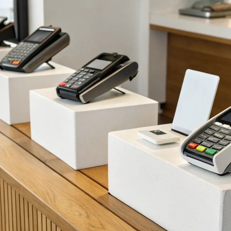 A variety of the best credit card terminals for small business on a checkout counter.